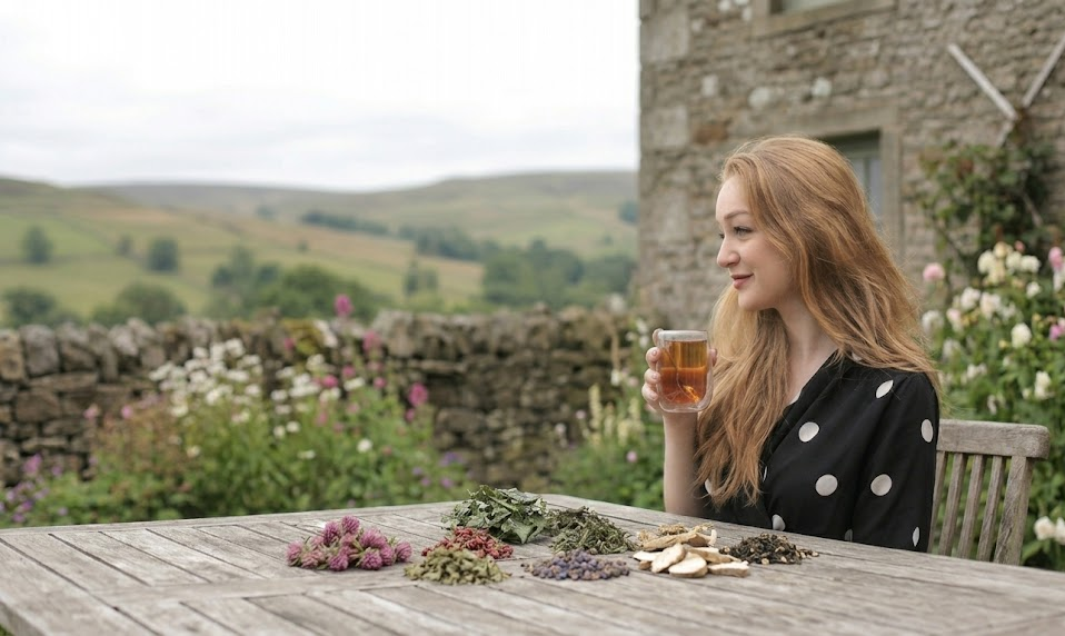Woman enjoying herbal tea outdoors with scenic countryside and garden views