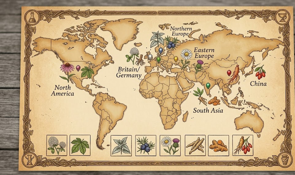 Map of traditional herbs across the world, highlighting regions and symbols for Britain, Germany, China, and South Asia
