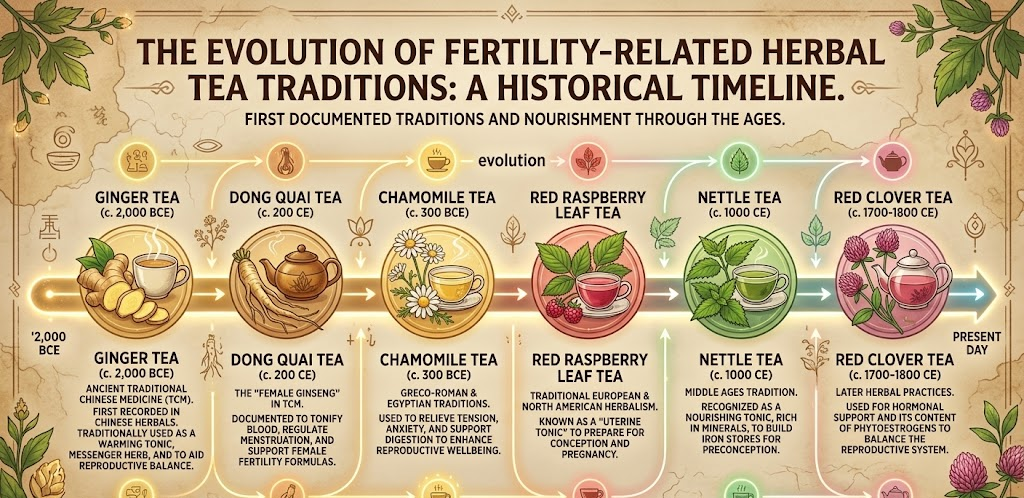 Infographic showing the historical timeline of fertility-related herbal teas, from ginger tea in 2000 BCE to red clover tea